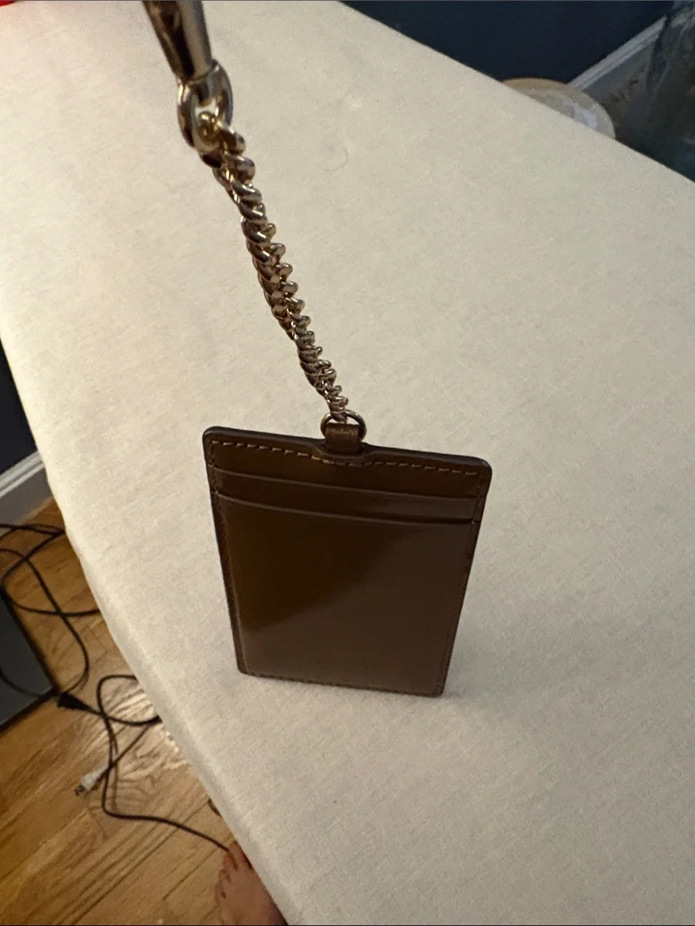 Tory Burch Brown Patent Card Holder with Gold Chain
